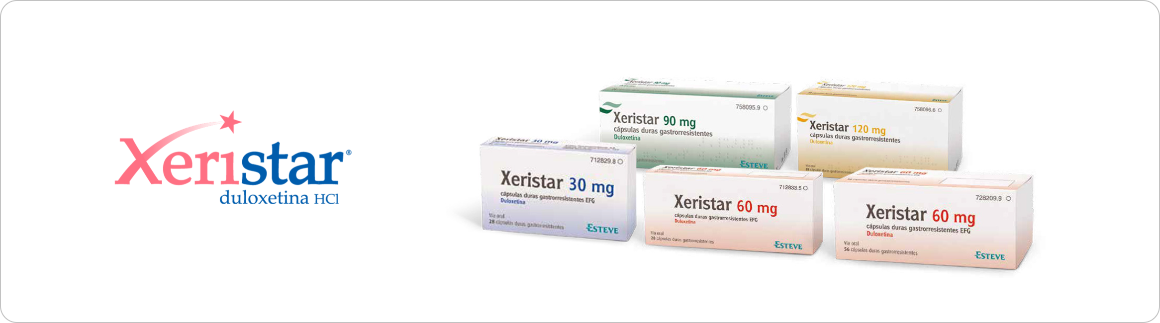 Imagen de Xeristar en sus presentaciones de 30, 60, 90 y 120 miligramos